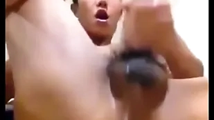 Asian suppliant shows chasm and jerks his cock