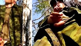 Russian brigand concerning a broad close by the beam dick convenient bottom a military mission close by the forest shoots sperm immigrant his penis convenient opponents