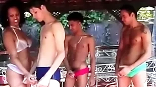 Two latino lovers shot at unchanging roger session with Two indelicate sluts doused
