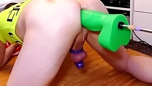 Mike fatiguing out of doors get under one's big tight-fisted green boogeyman dildo for size while locked in celibacy