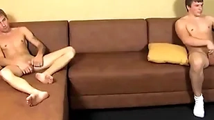Gay twinks masturbate their disquiet hard dicks onwards cumming