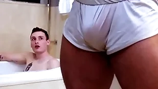 Showerbait big gumshoe interracial shower fuck with facial